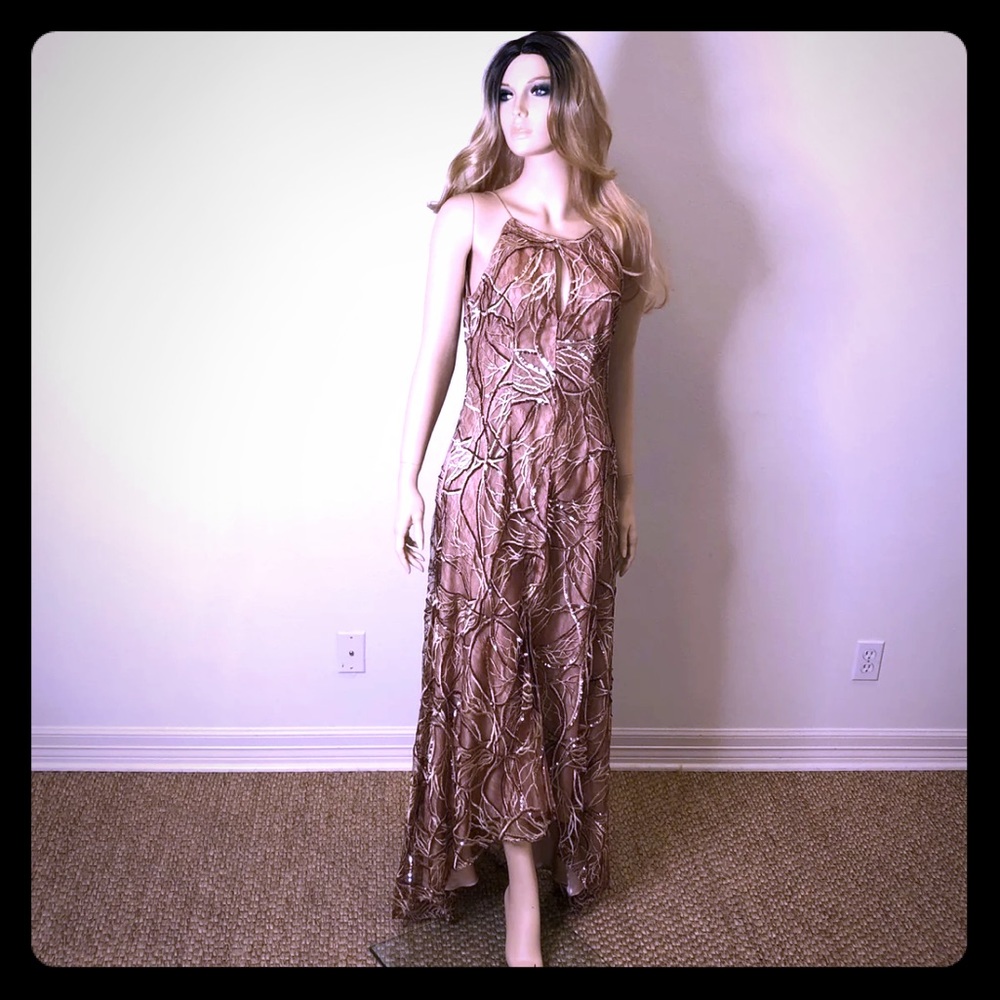 Aidan Mattox Dress Rose Gold Lace Sequin 4 EUC